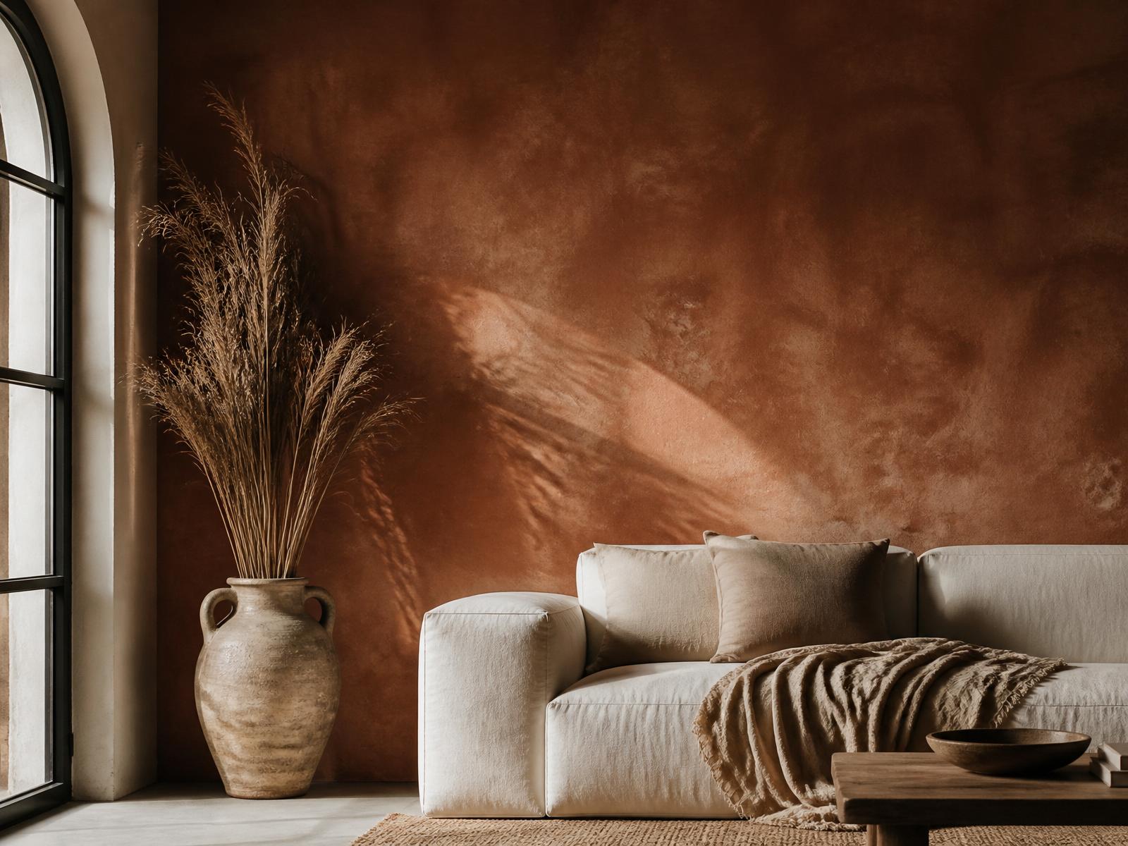 Terracotta limewashed accent wall in a warm minimalist living room